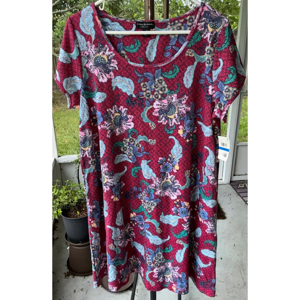 NWT Miss Elaine Relax SZ XL Burgundy  Floral Short Sleeve Nightgown House Dress